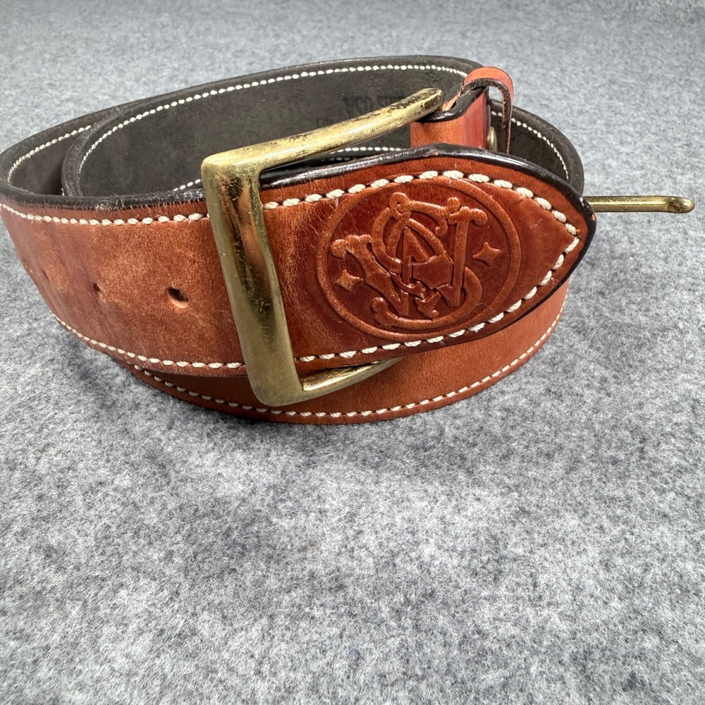 DeSantis USA B09 Tan Leather Smith & Wesson Logo Belt Solid Brass Buckle Size 40